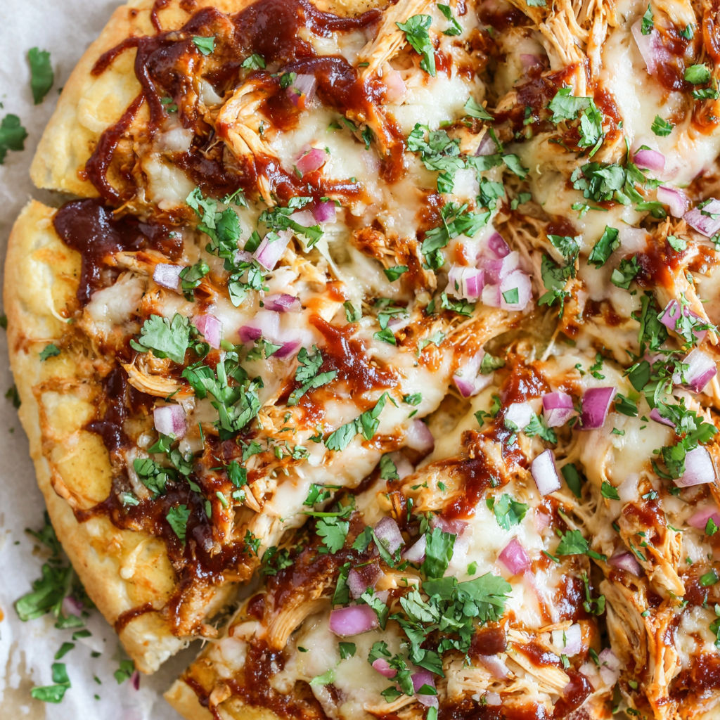 A pizza with chicken and onions on it.