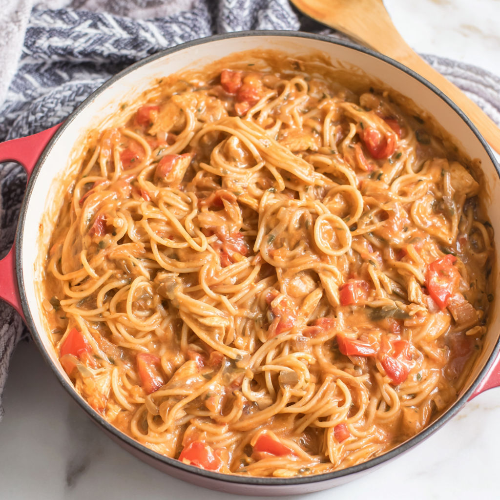 A pan of chicken spaghetti with tomatoes and noodles.