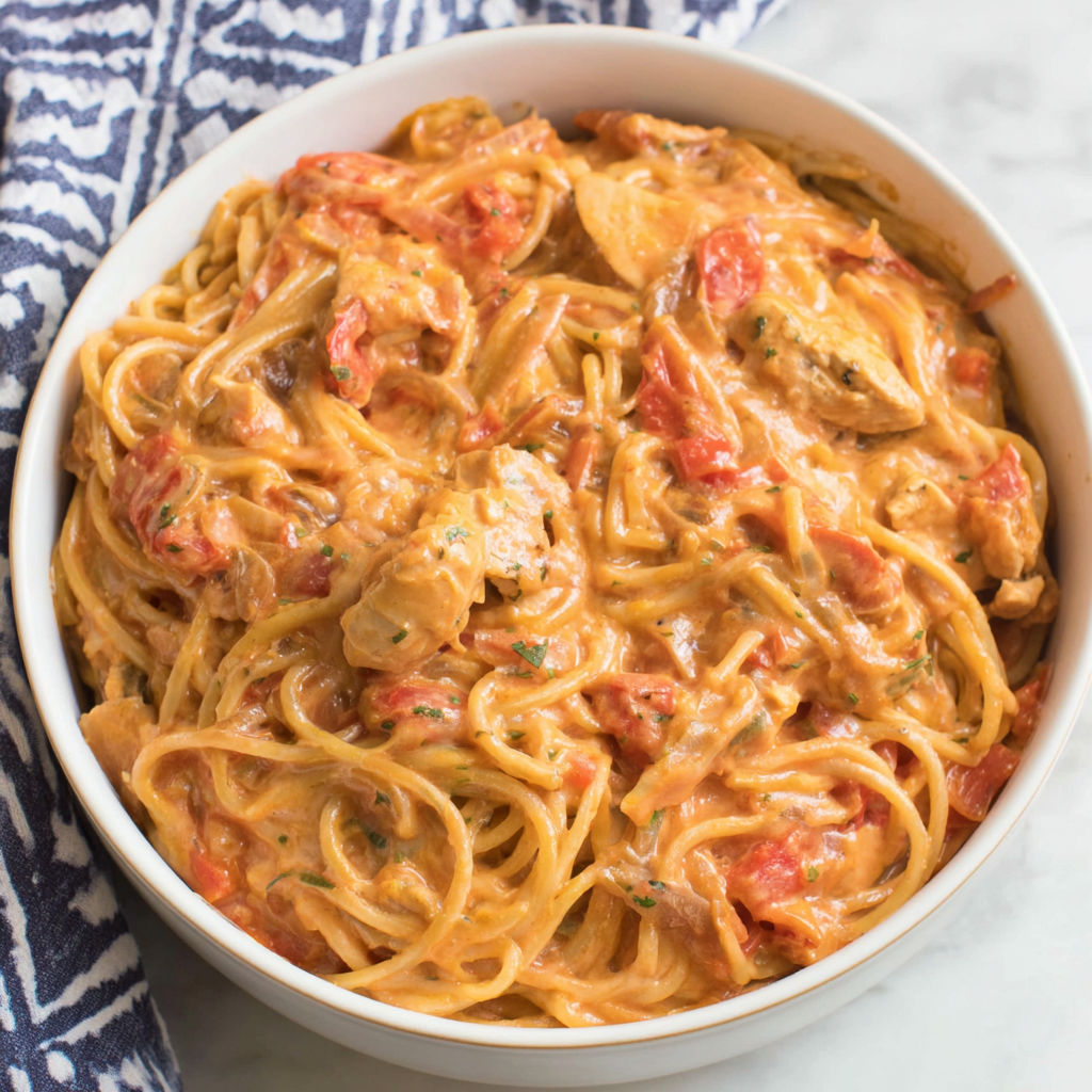 A bowl of chicken spaghetti with tomatoes and herbs.