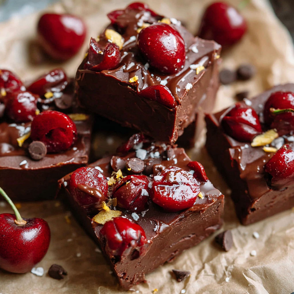 A close up of a chocolate dessert with cherries on top.