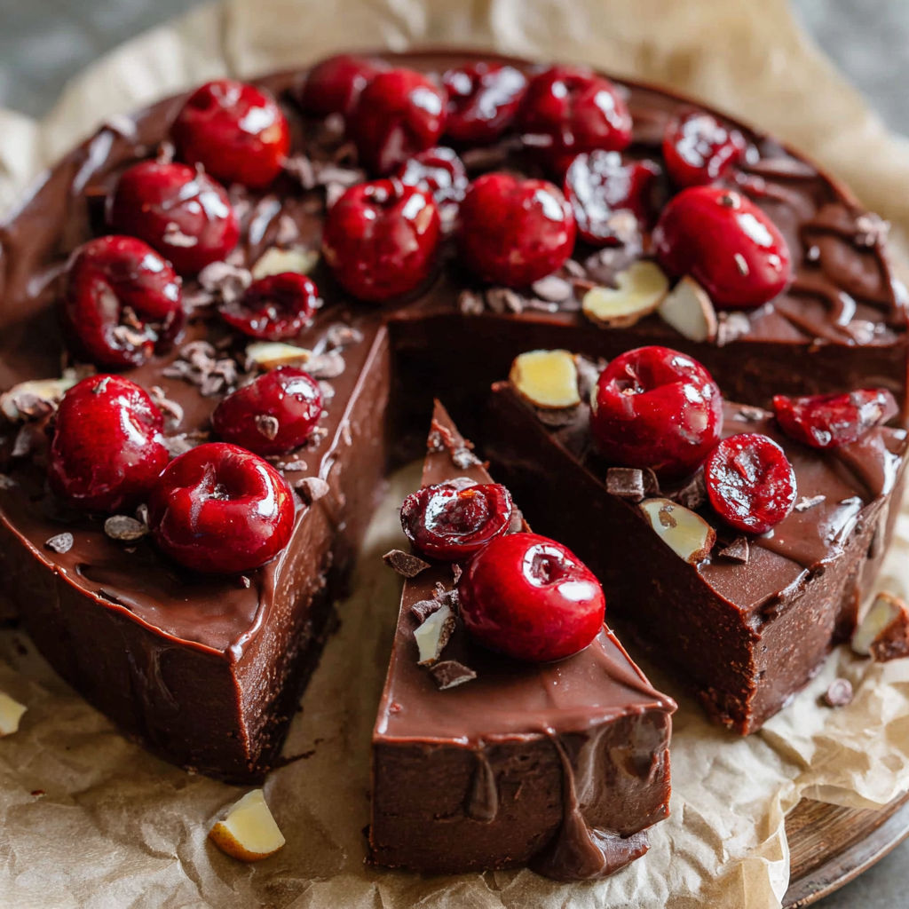A slice of chocolate cake with cherries on top.