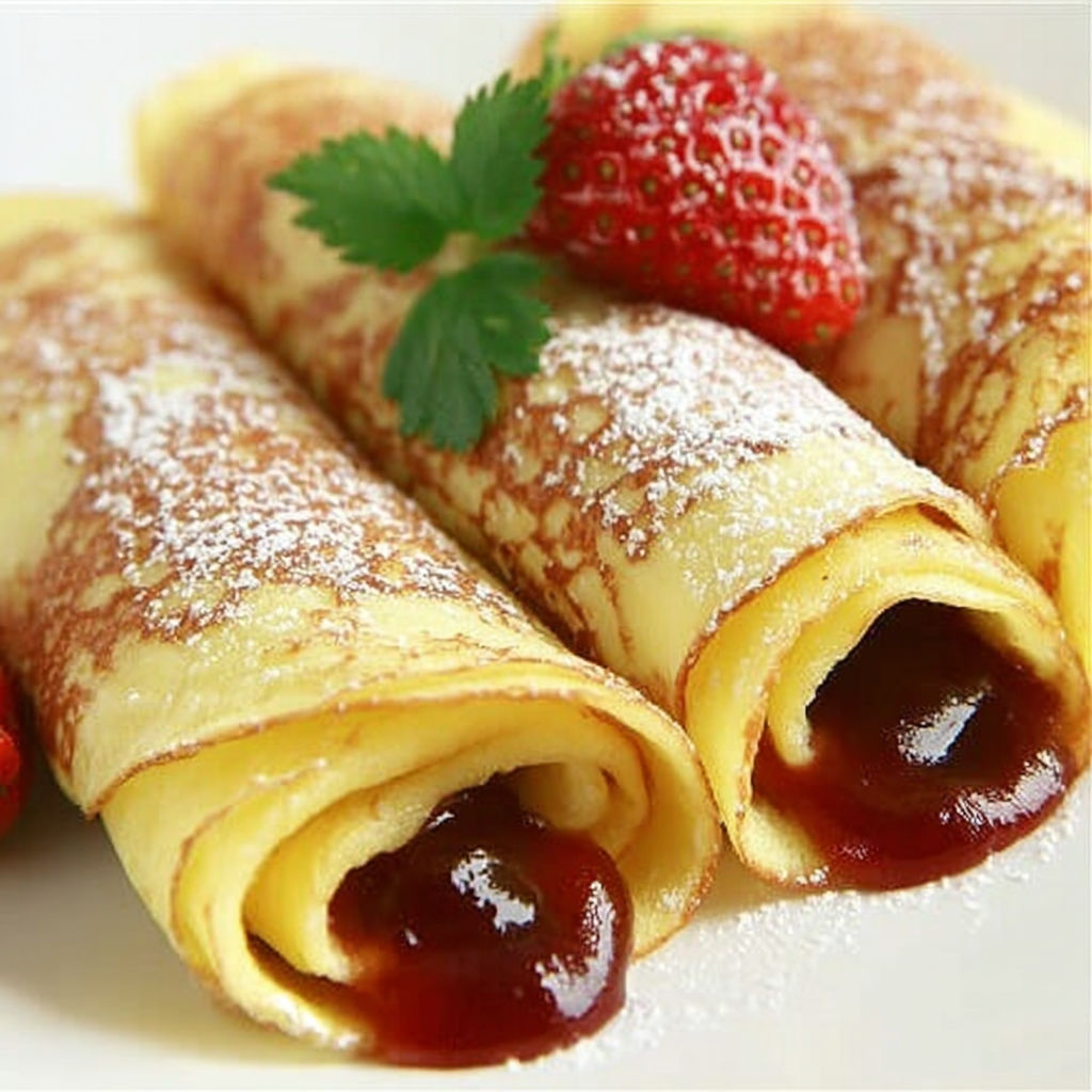 Jelly roll pancakes with strawberries.