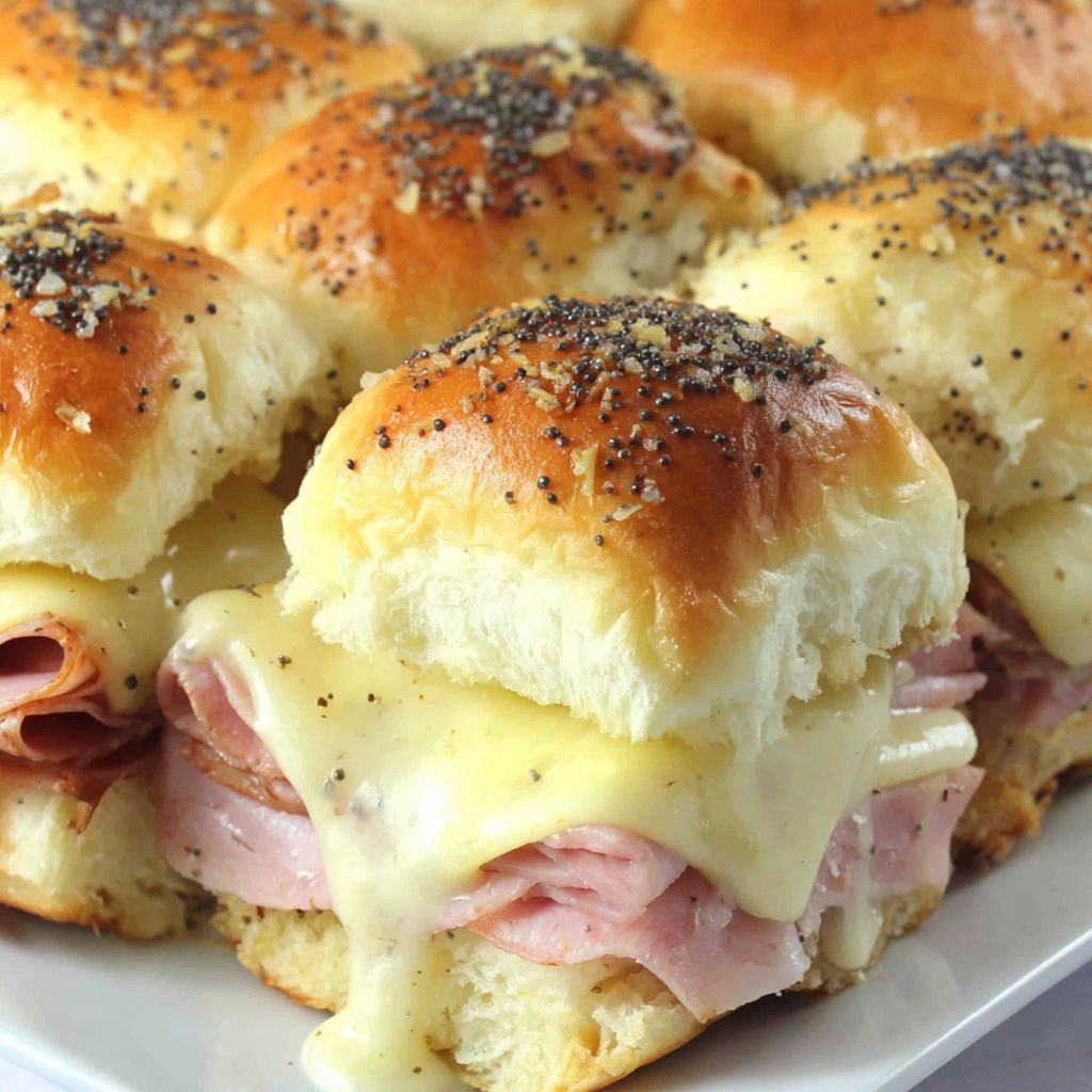 A plate of ham and cheese sliders.