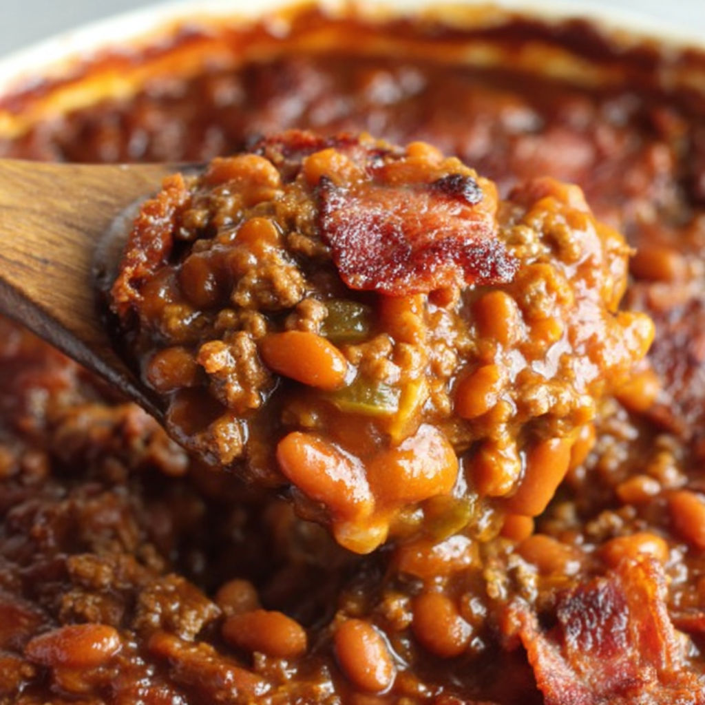 A wooden spoon in a bowl of baked beans.