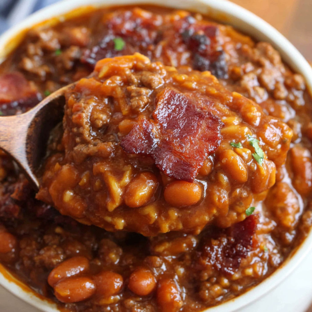 A bowl of baked beans with bacon.