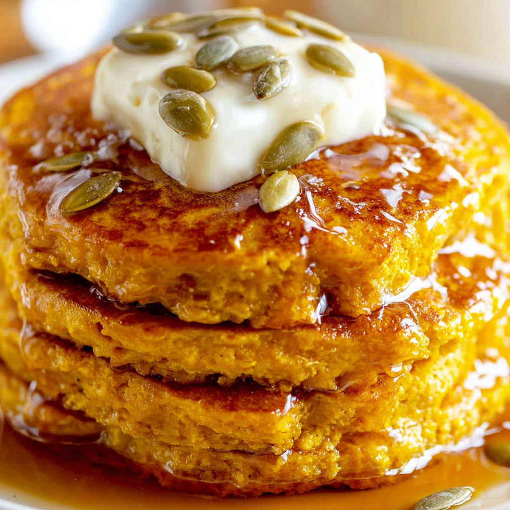 A stack of pancakes with butter and seeds on top.