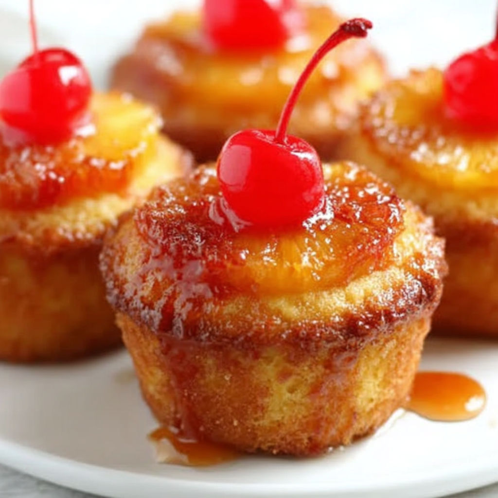 A plate of pineapple upside down cupcakes.