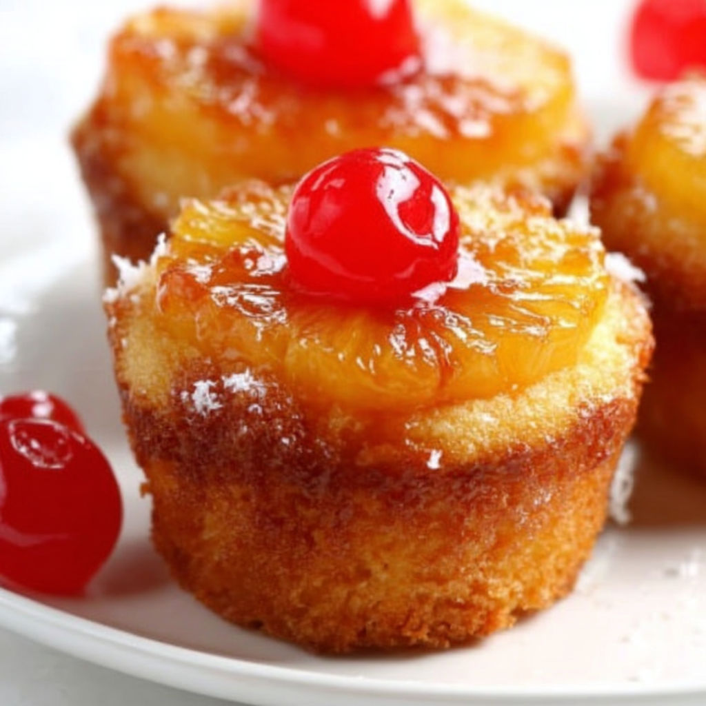 A plate of pineapple upside down cake with cherries on top.