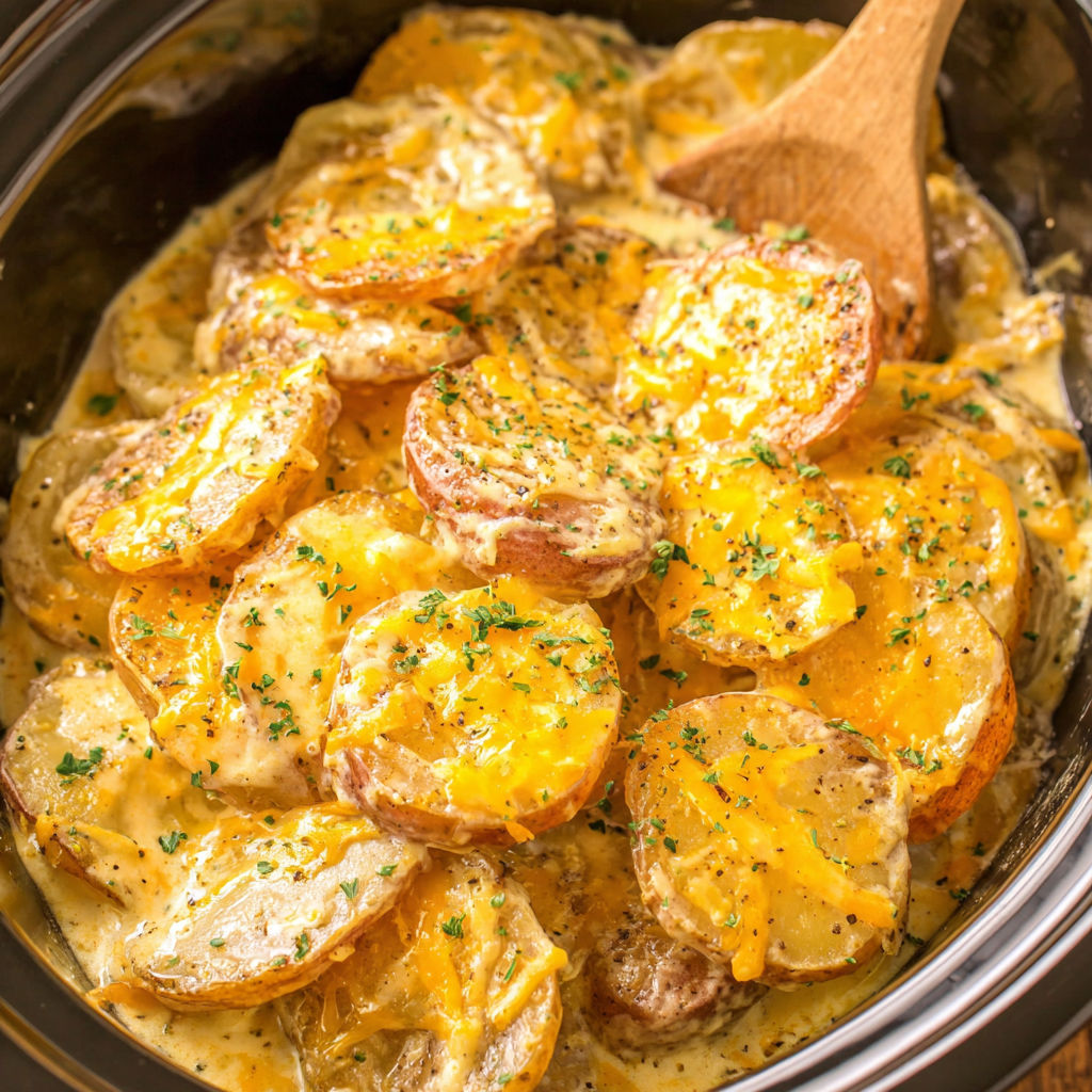 A close up of a crock pot filled with scalloped potatoes.