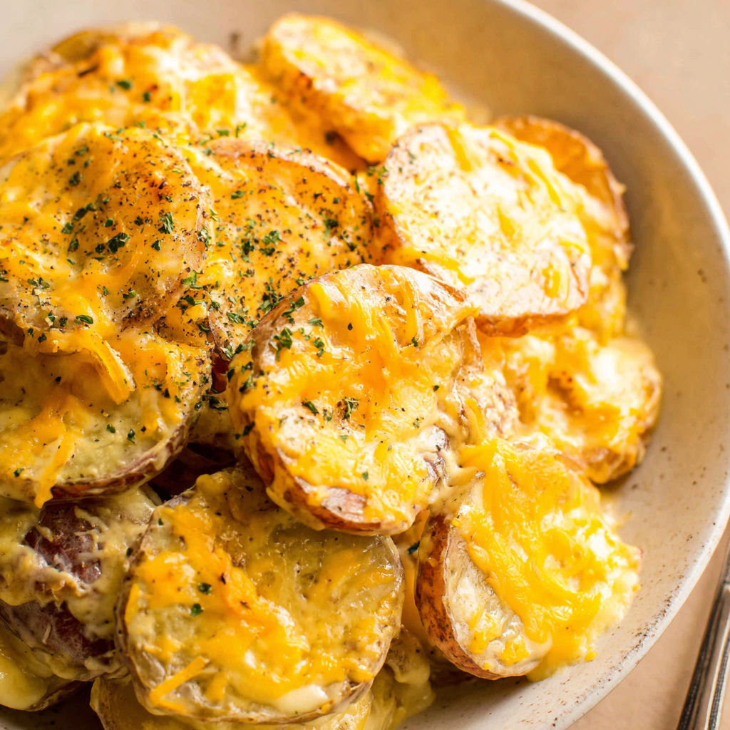 A bowl of scalloped potatoes.