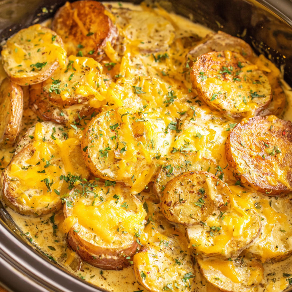 A close up of a crockpot filled with scalloped potatoes.