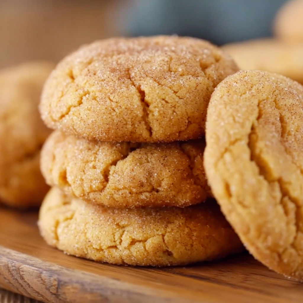 A stack of sugar cookies on a wooden board.