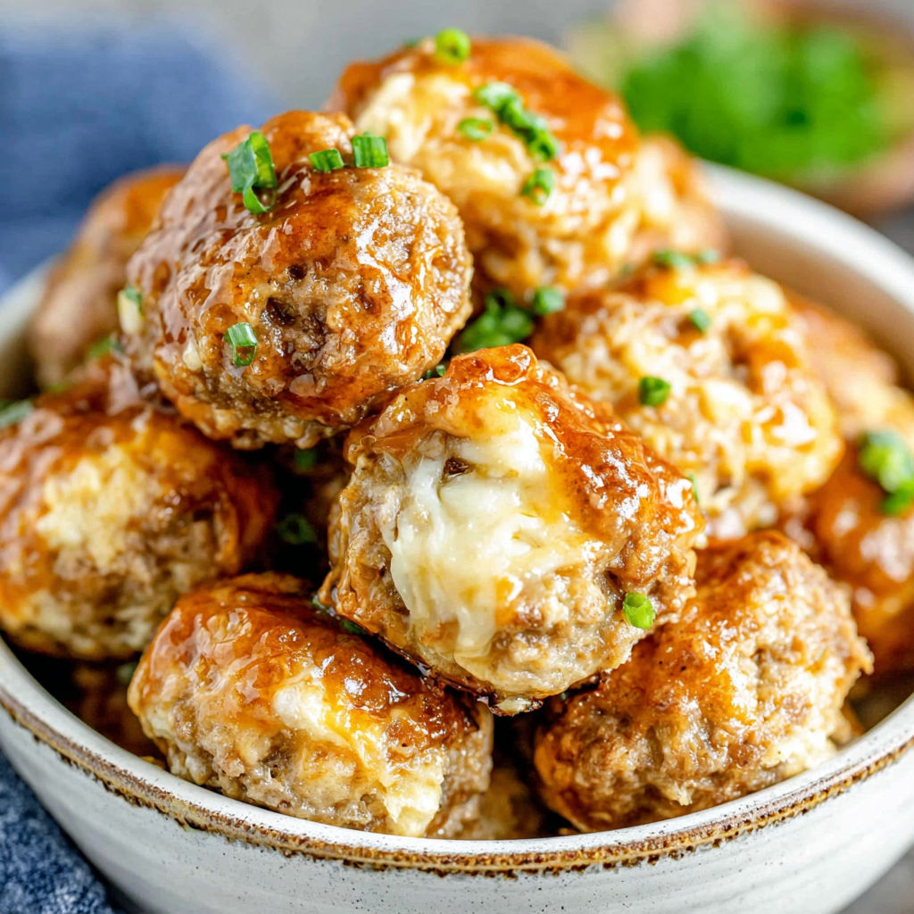 A bowl of sausage balls covered in cheese.