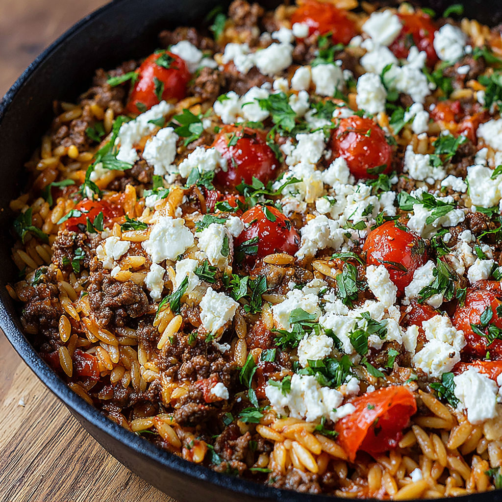 A bowl of food with tomatoes, feta cheese, and meat.