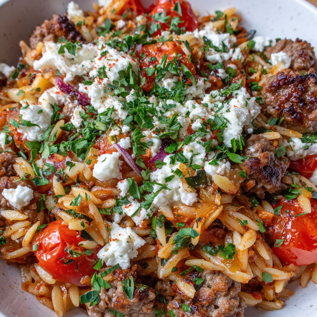 A bowl of food with rice, tomatoes, and feta cheese.