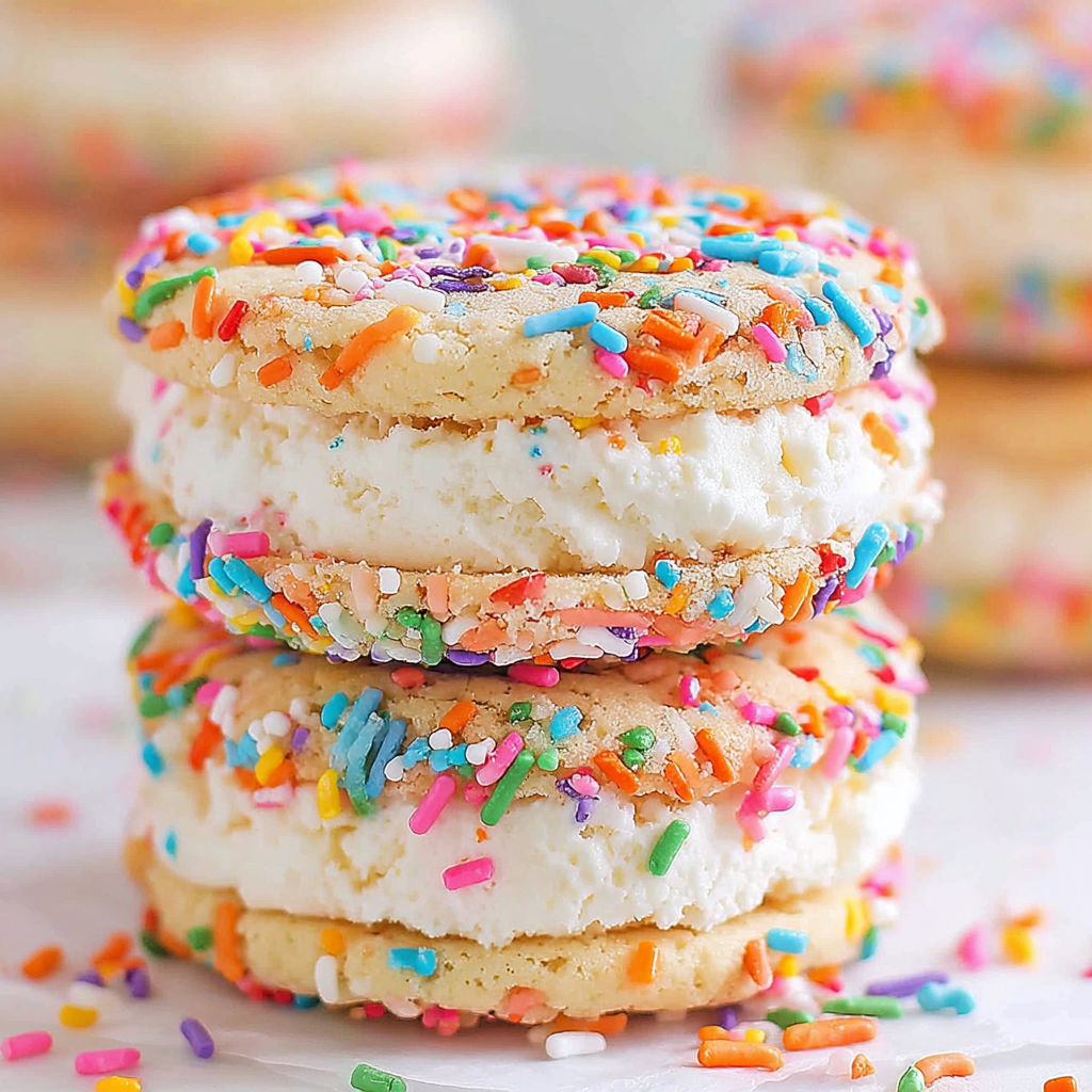 A stack of vanilla ice cream sandwiches with sprinkles.
