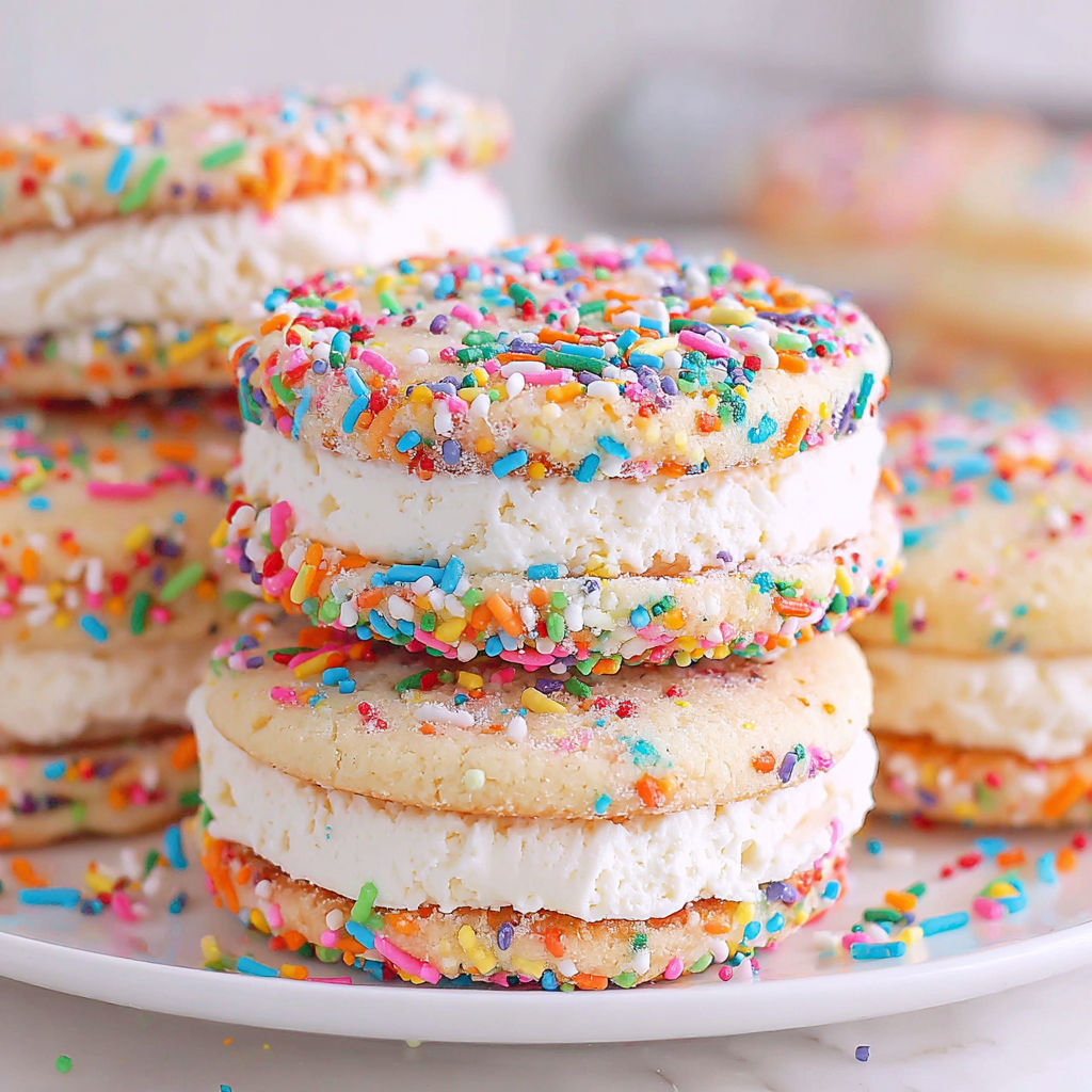 A plate of vanilla ice cream sandwiches with sprinkles.