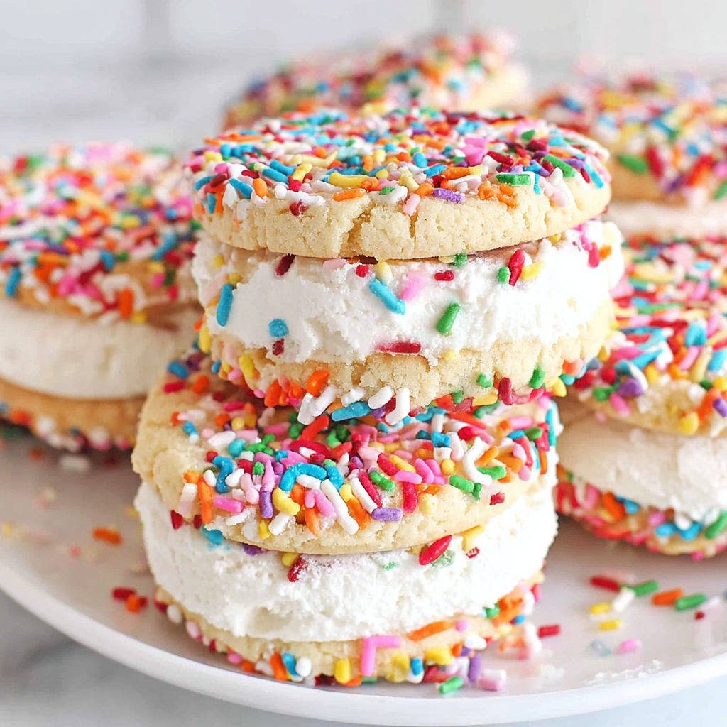 A plate of vanilla ice cream sandwiches with sprinkles.