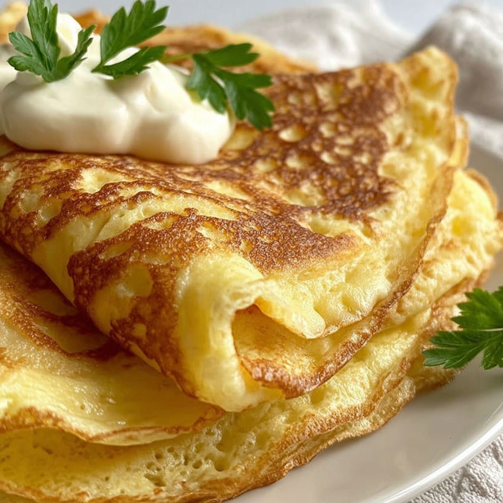 A stack of pancakes with a dollop of whipped cream on top.