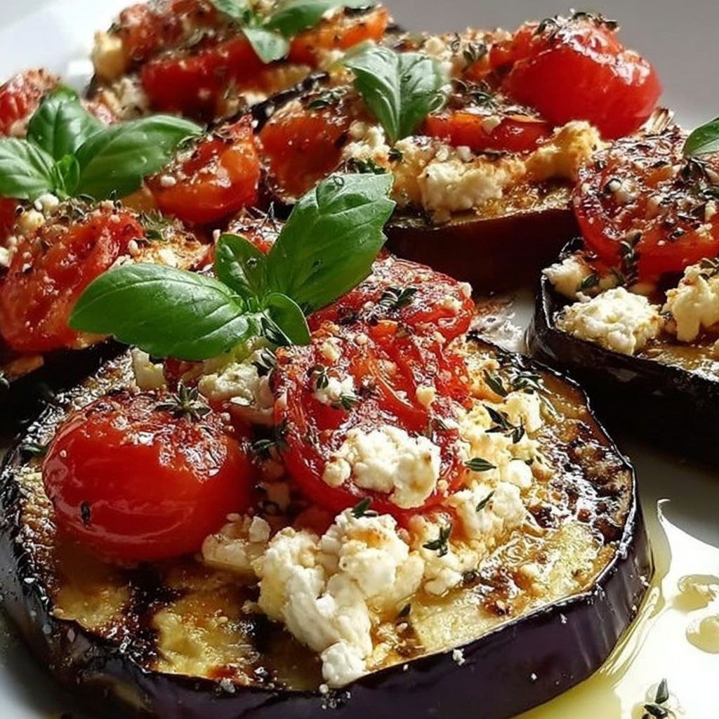 A plate of grilled eggplant with tomatoes and feta cheese.