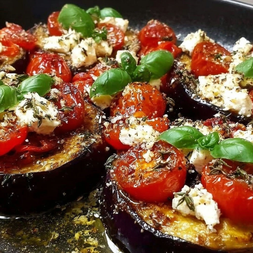 A dish of grilled eggplant with feta cheese and cherry tomatoes.