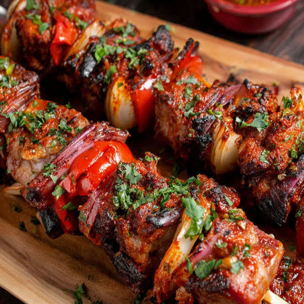 A wooden platter with grilled meat and vegetables.