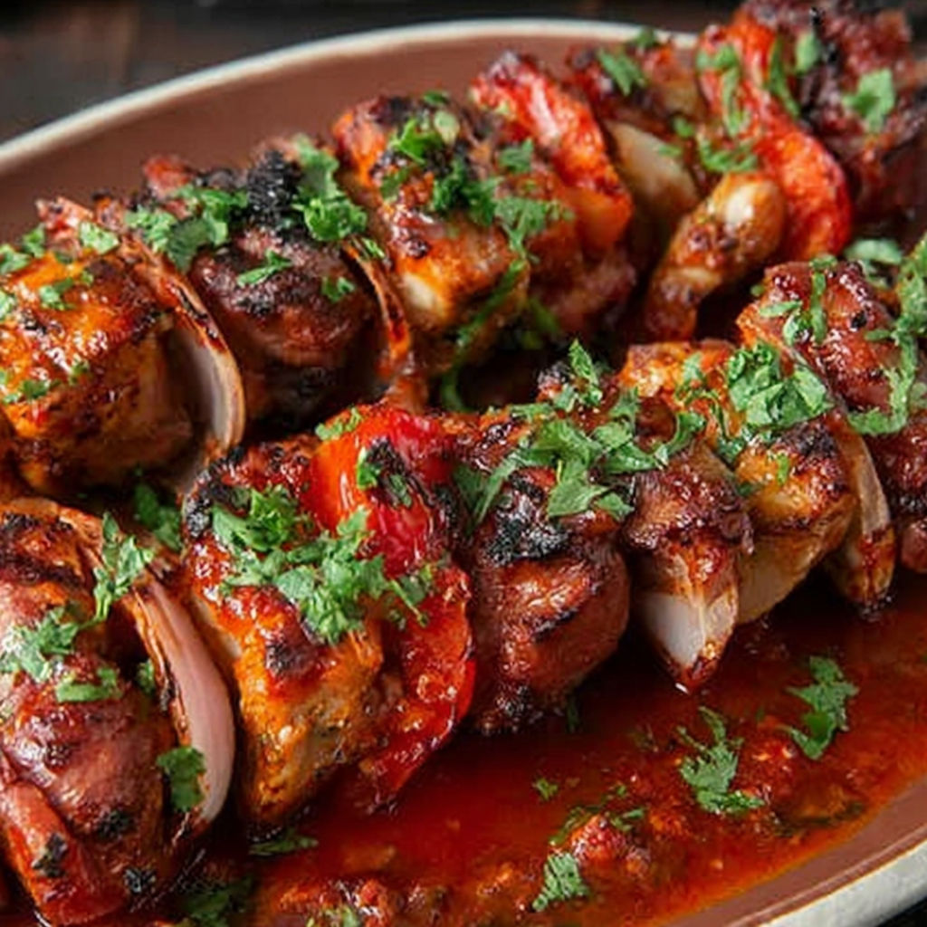 A plate of shish kabob with a sauce.