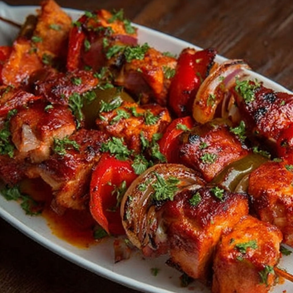 A plate of shish kabob with peppers and onions.