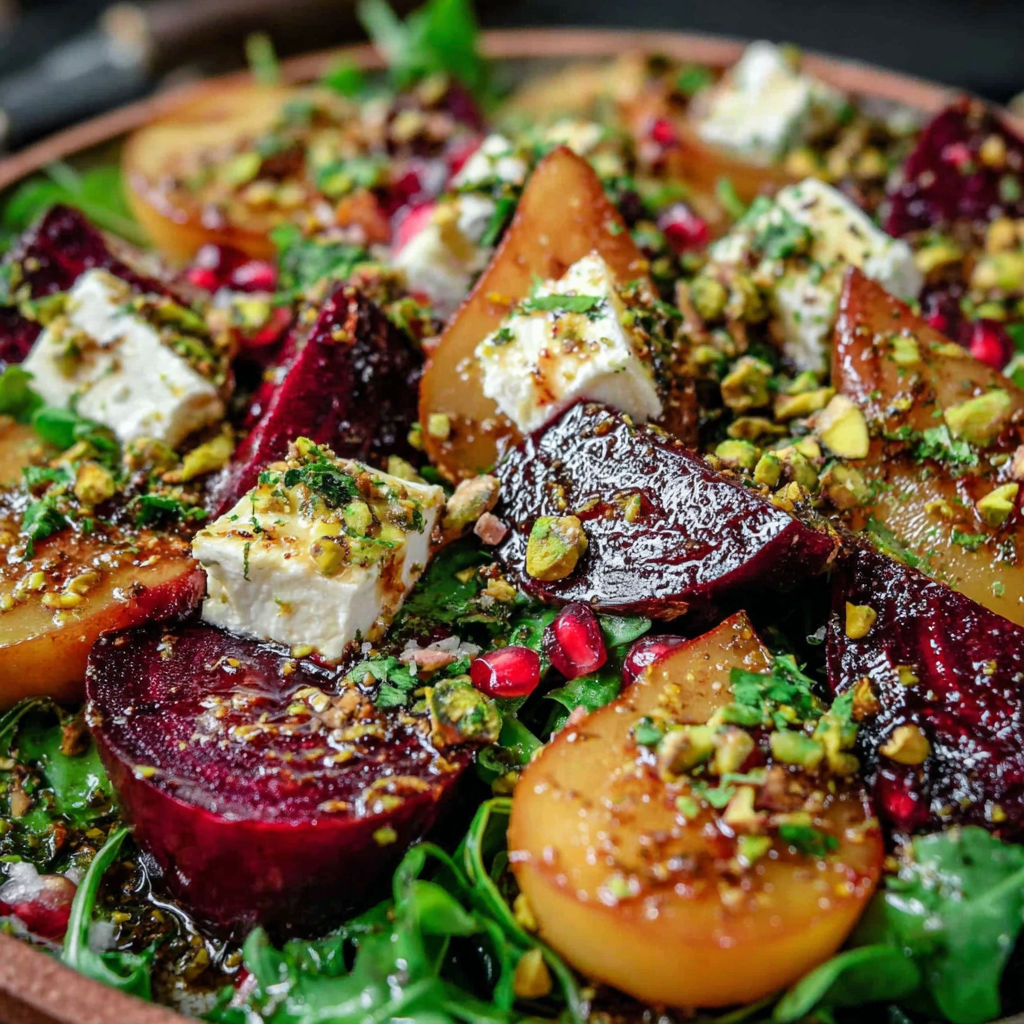 A plate of food with red beets, feta cheese, and pistachio crunch.