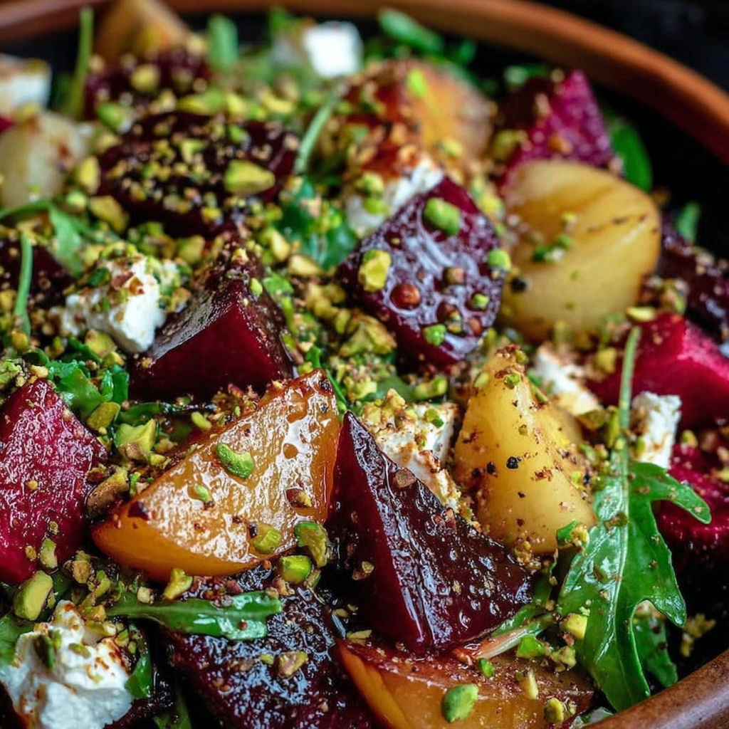 A bowl of food with feta cheese, rote beete, and pistachio crunch.