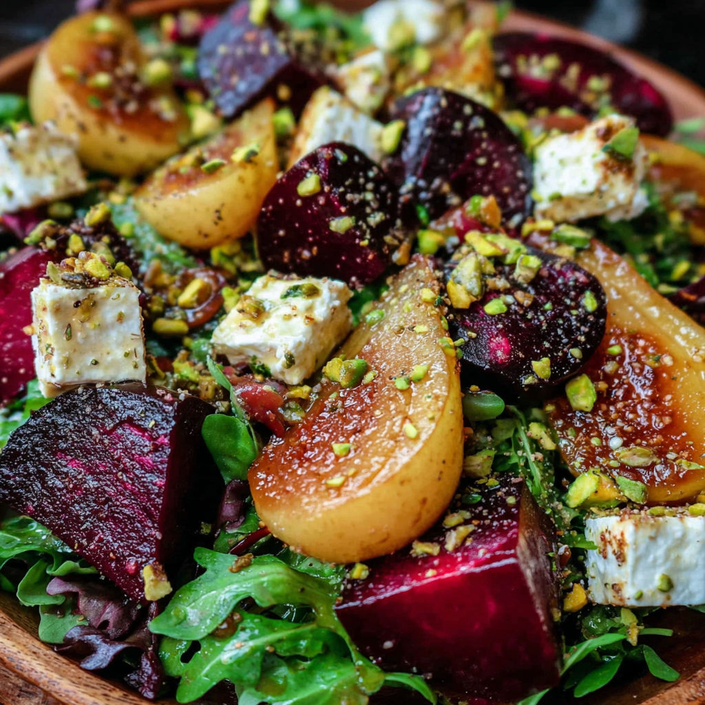 A bowl of salad with red beets, feta cheese, and pistachio crunch.