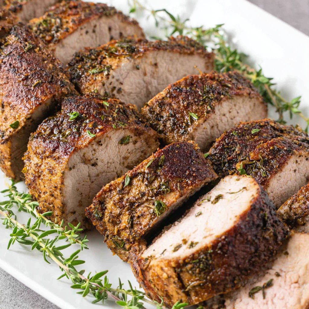 A plate of pork tenderloin with herbs on top.