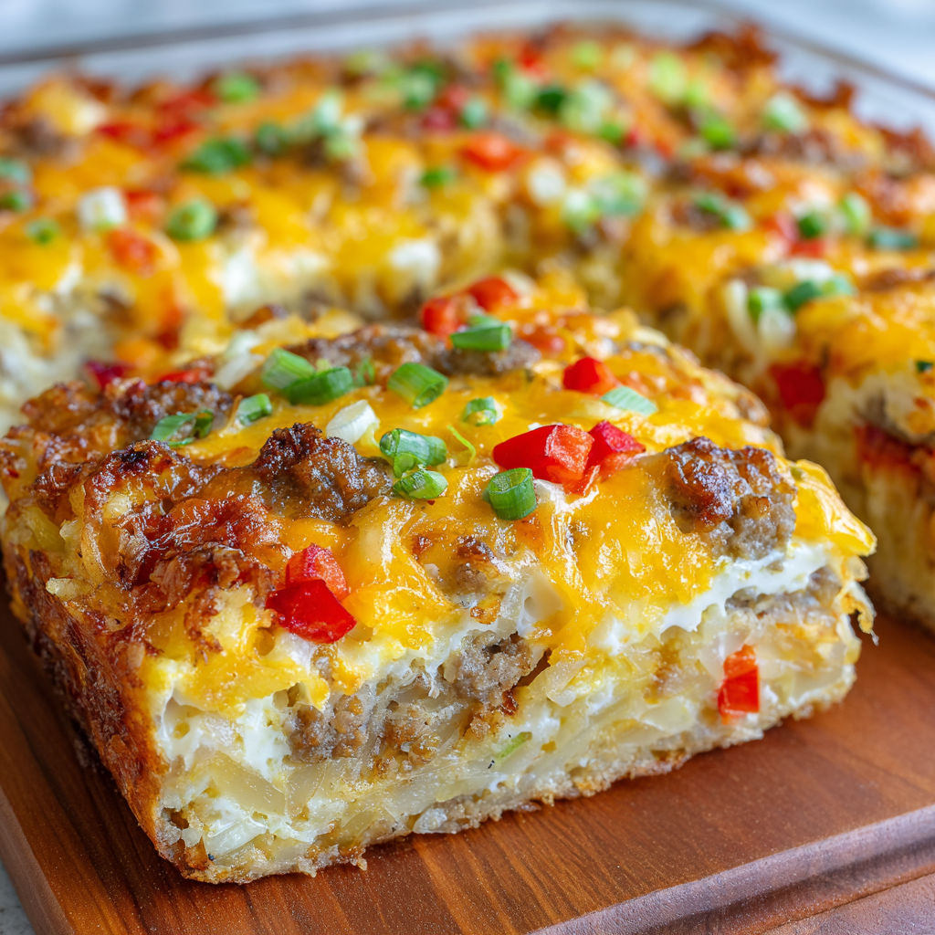 A close up of a casserole dish with a slice of meat and vegetables.