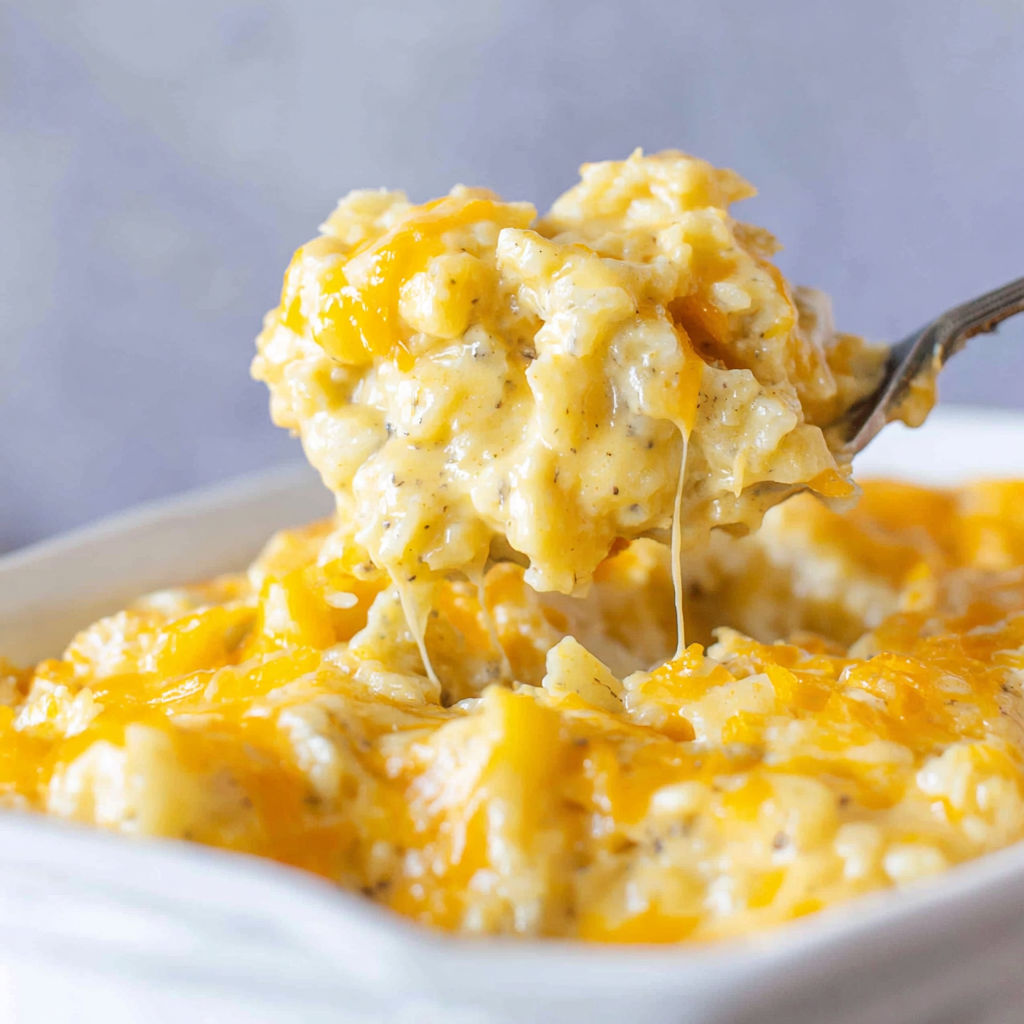 A fork is being used to eat cheesy potatoes.