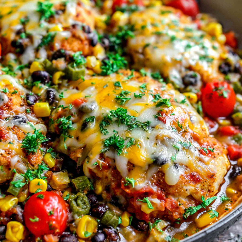 A dish of cowboy chicken with cheese and tomatoes.