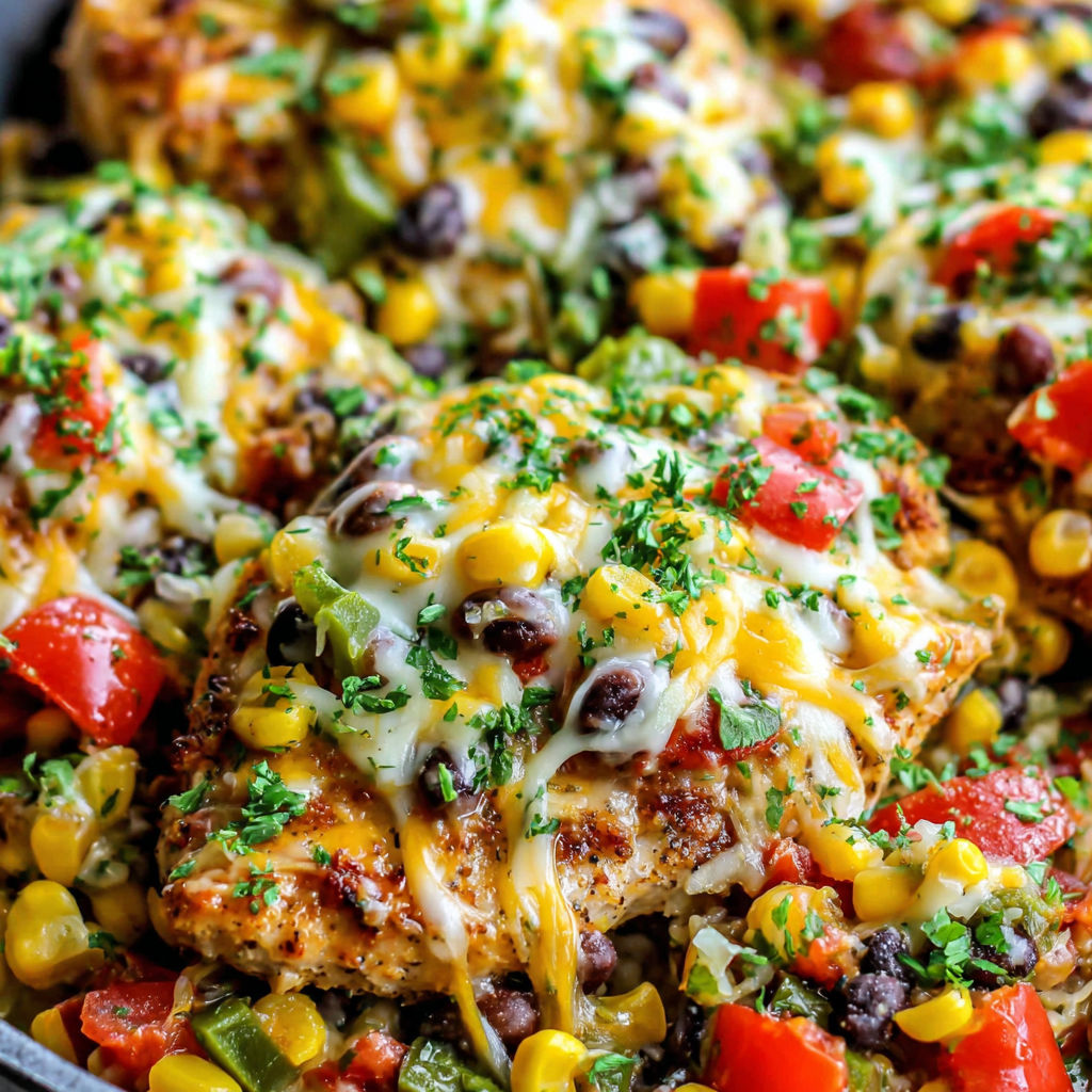A dish of Cowboy Chicken with cheese and tomatoes.