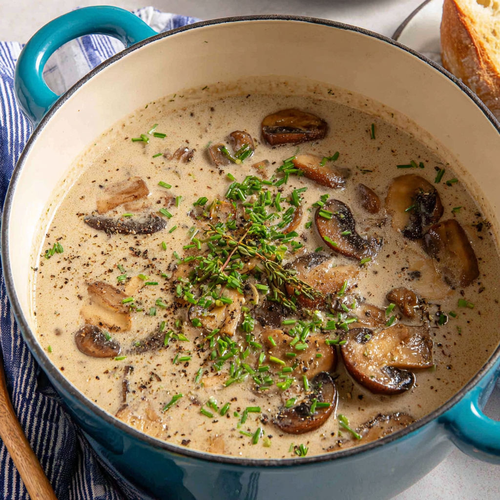 A bowl of creamy salsa chicken with mushrooms and herbs.