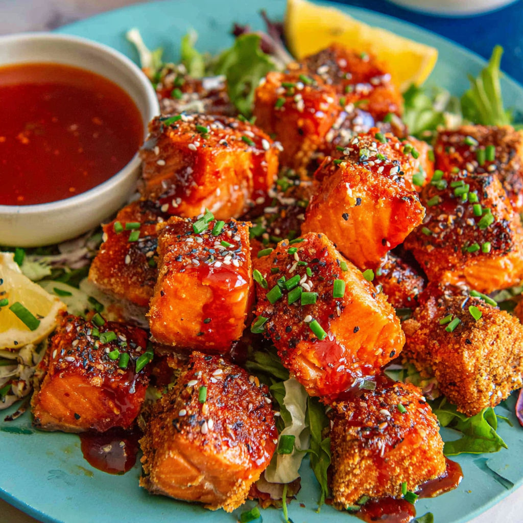 A plate of salmon bites with a honey-harissa glaze.