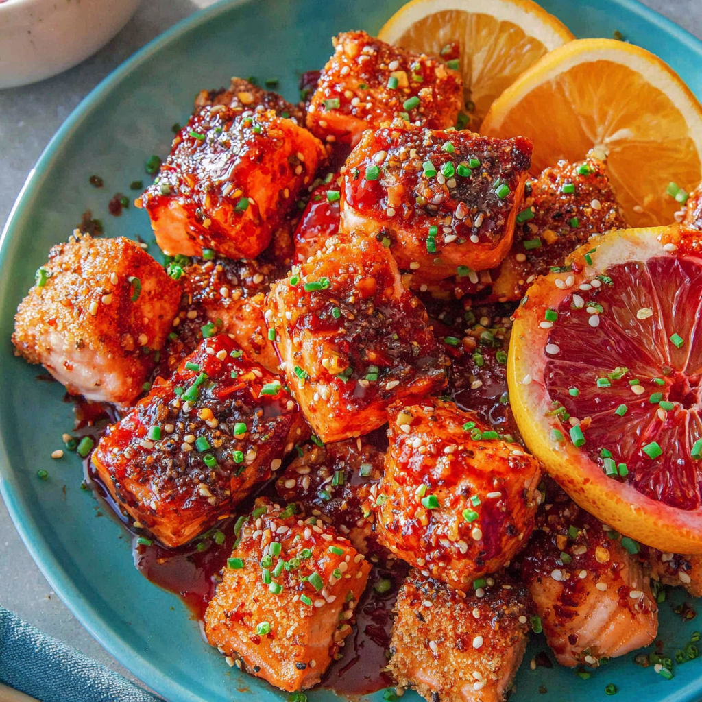 A plate of air fryer salmon bites with a honey-harissa glaze.