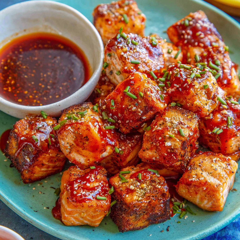 A plate of air fryer salmon bites with a honey-harissa glaze.