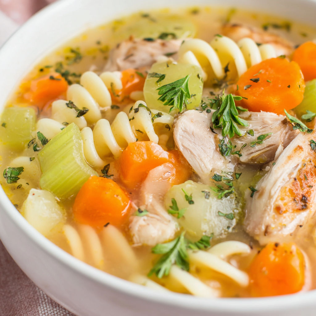 A bowl of chicken noodle soup with carrots and pasta.