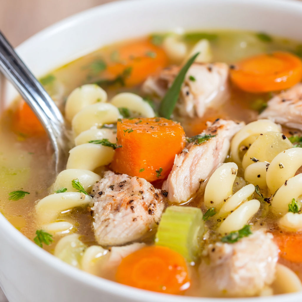 A bowl of soup with chicken, noodles, and carrots.