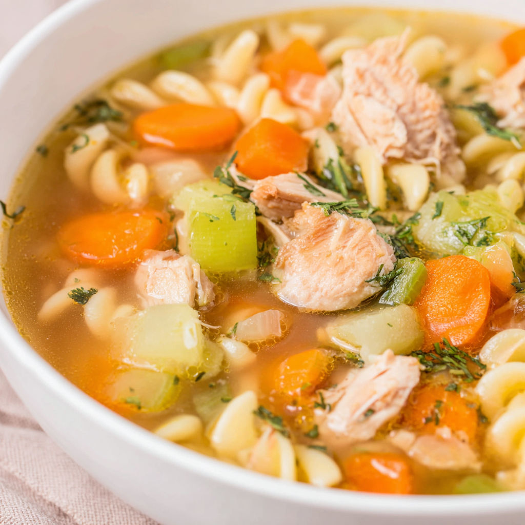 A bowl of chicken noodle soup with vegetables.