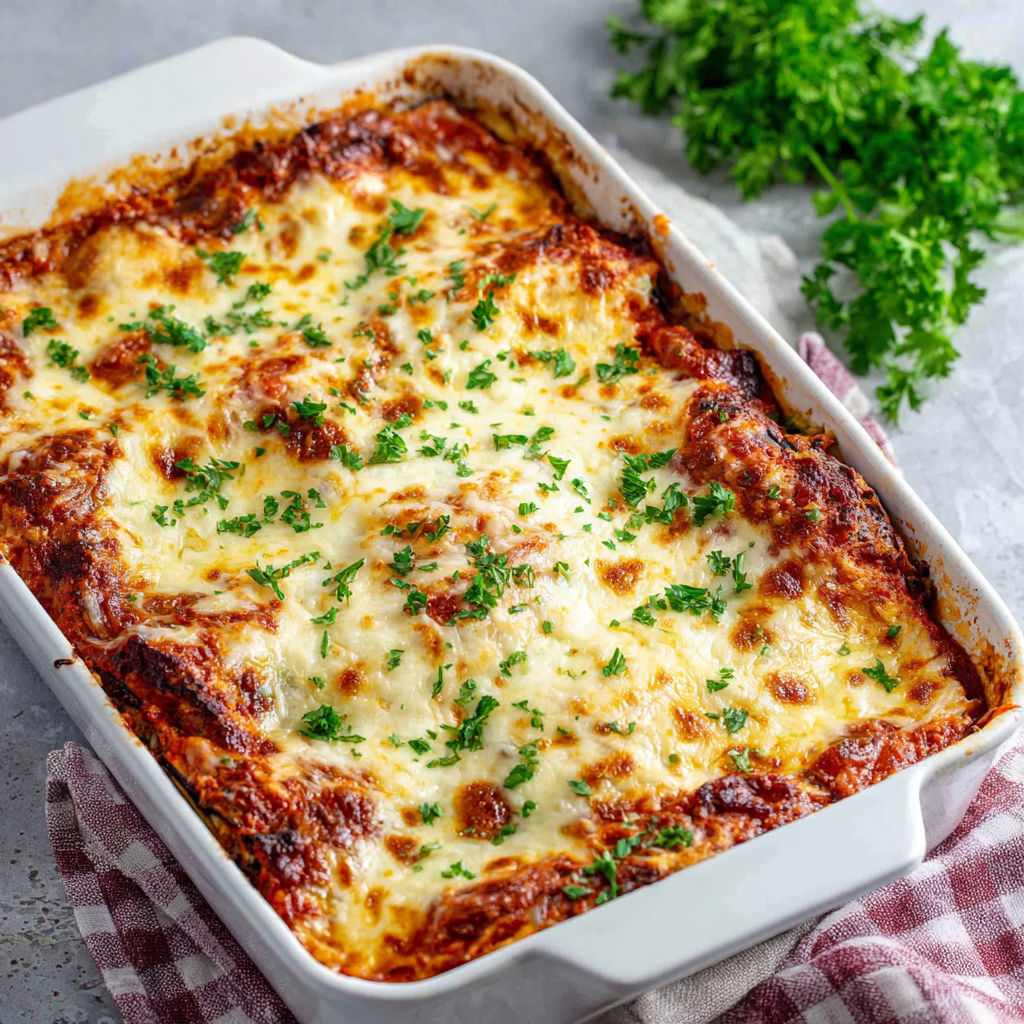 A white bowl filled with a delicious looking Eggplant Parmesan Recipe.