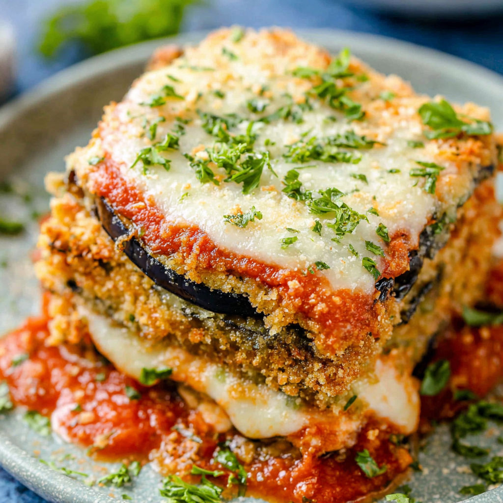 A stack of eggplant parmesan.