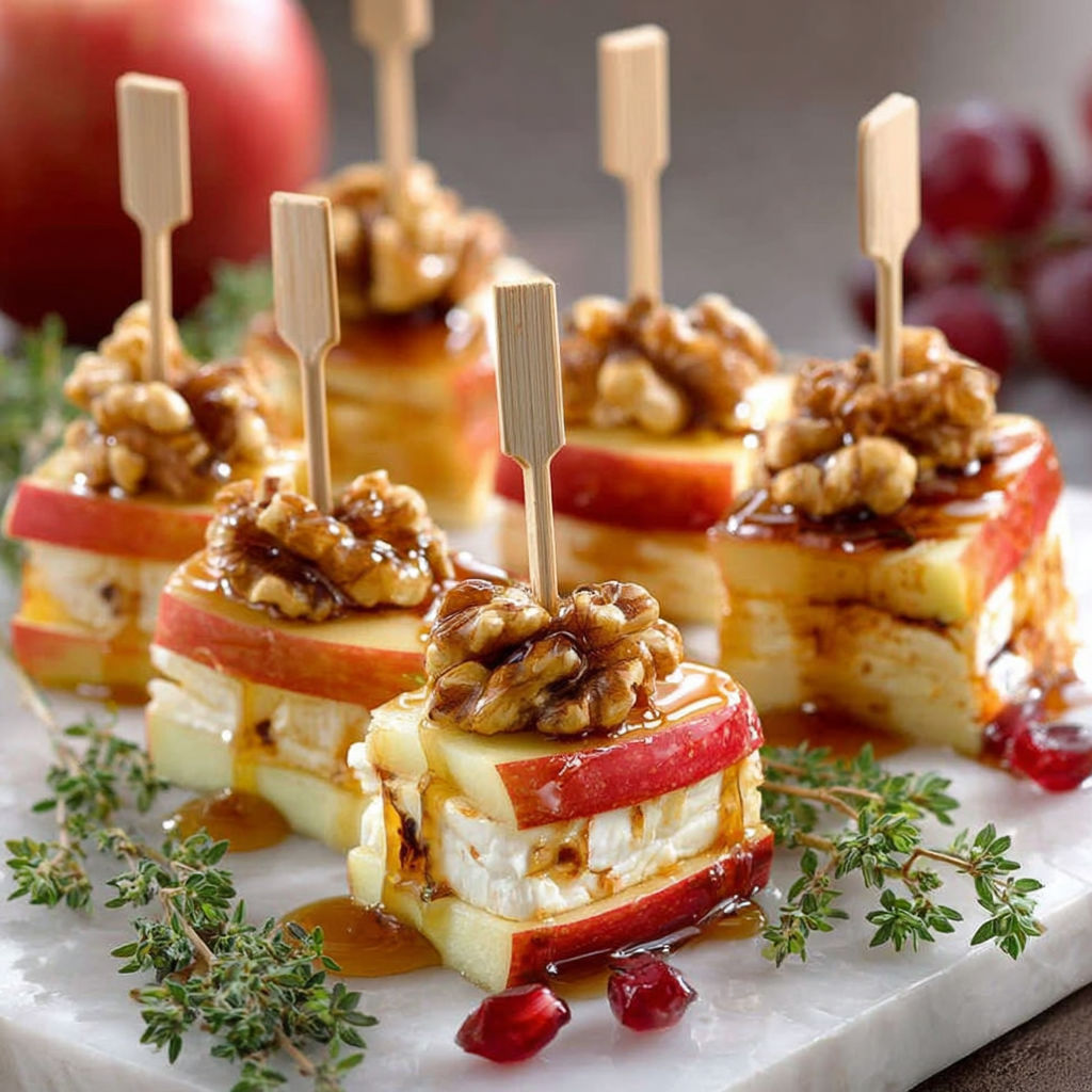 A plate of food with a slice of apple and walnut on top.
