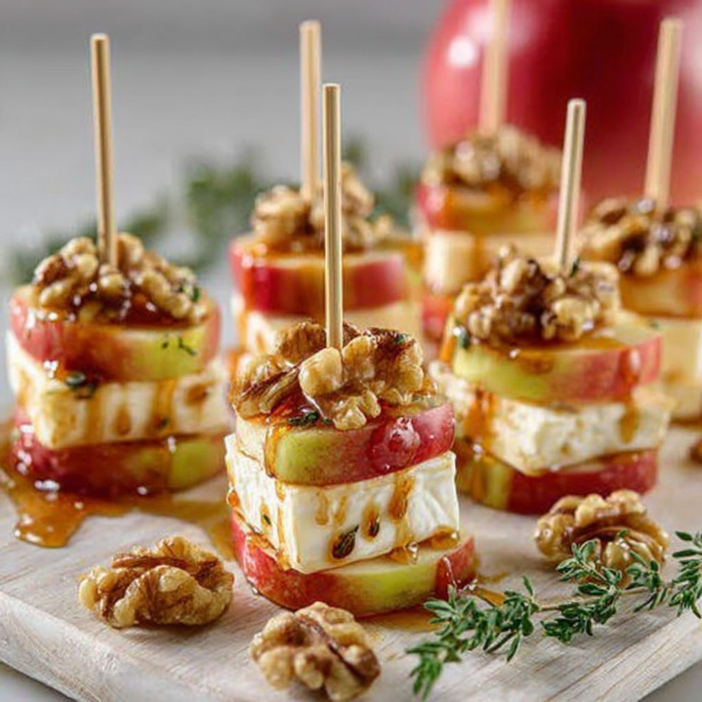 A plate of food with a slice of apple and walnut on top.