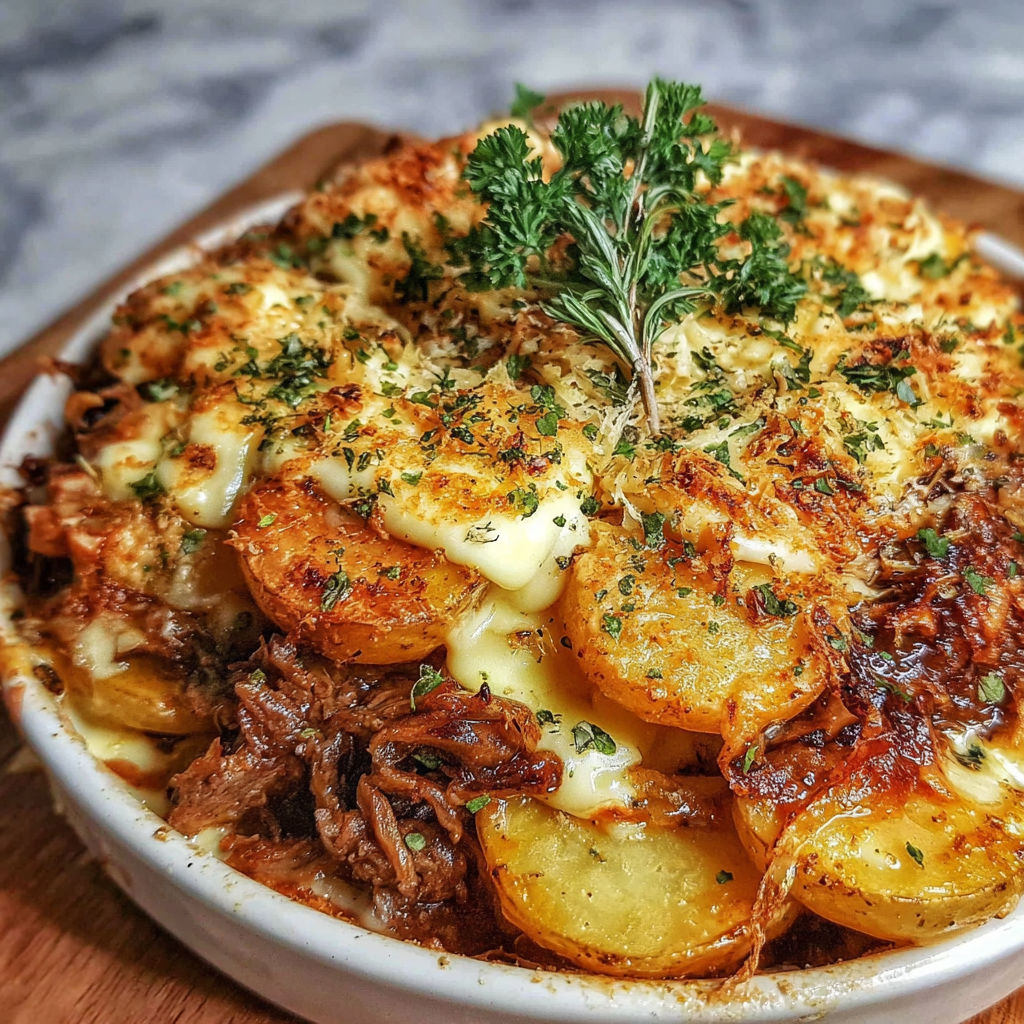 A bowl of food with a sprig of parsley on top.