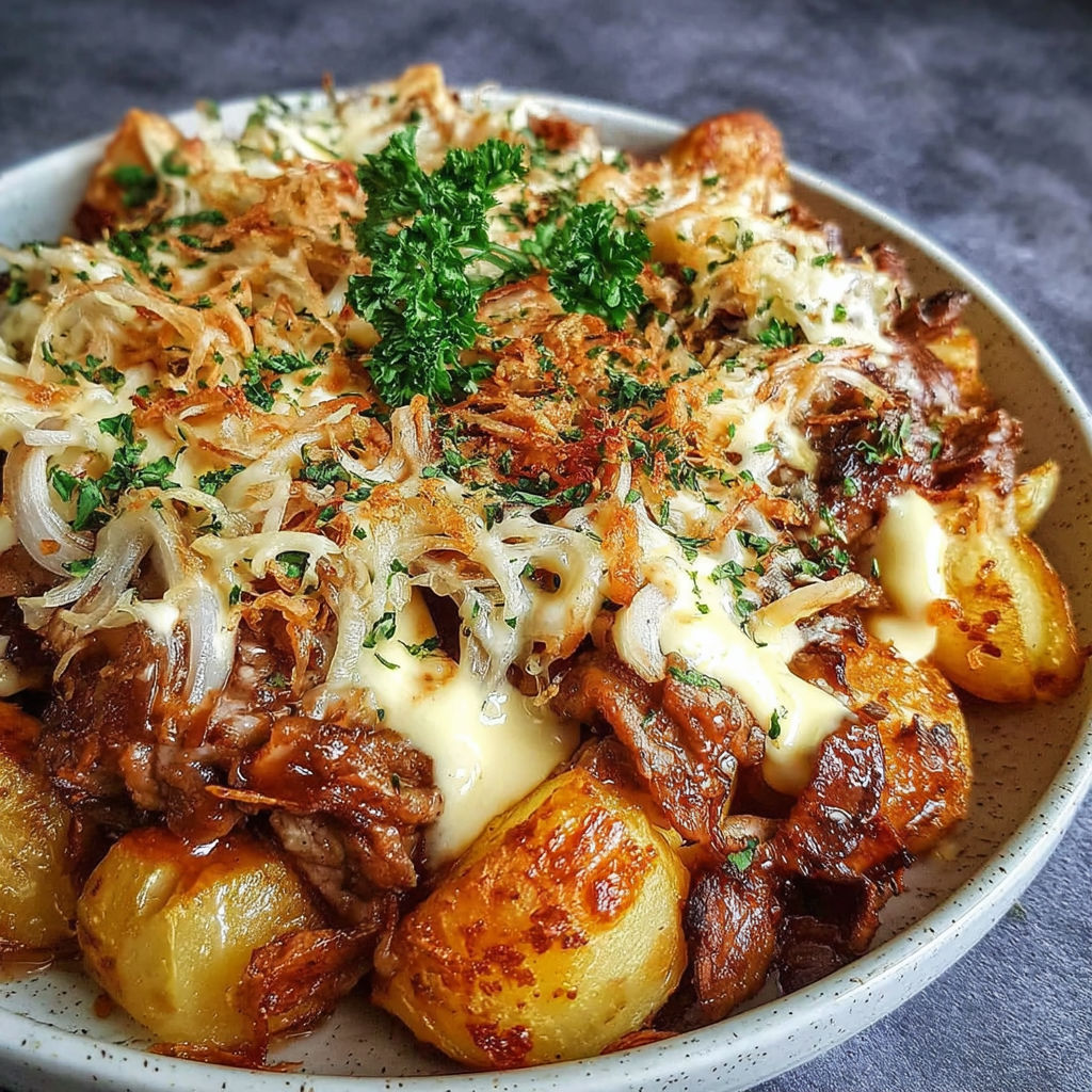 A plate of food with a green herb on top.