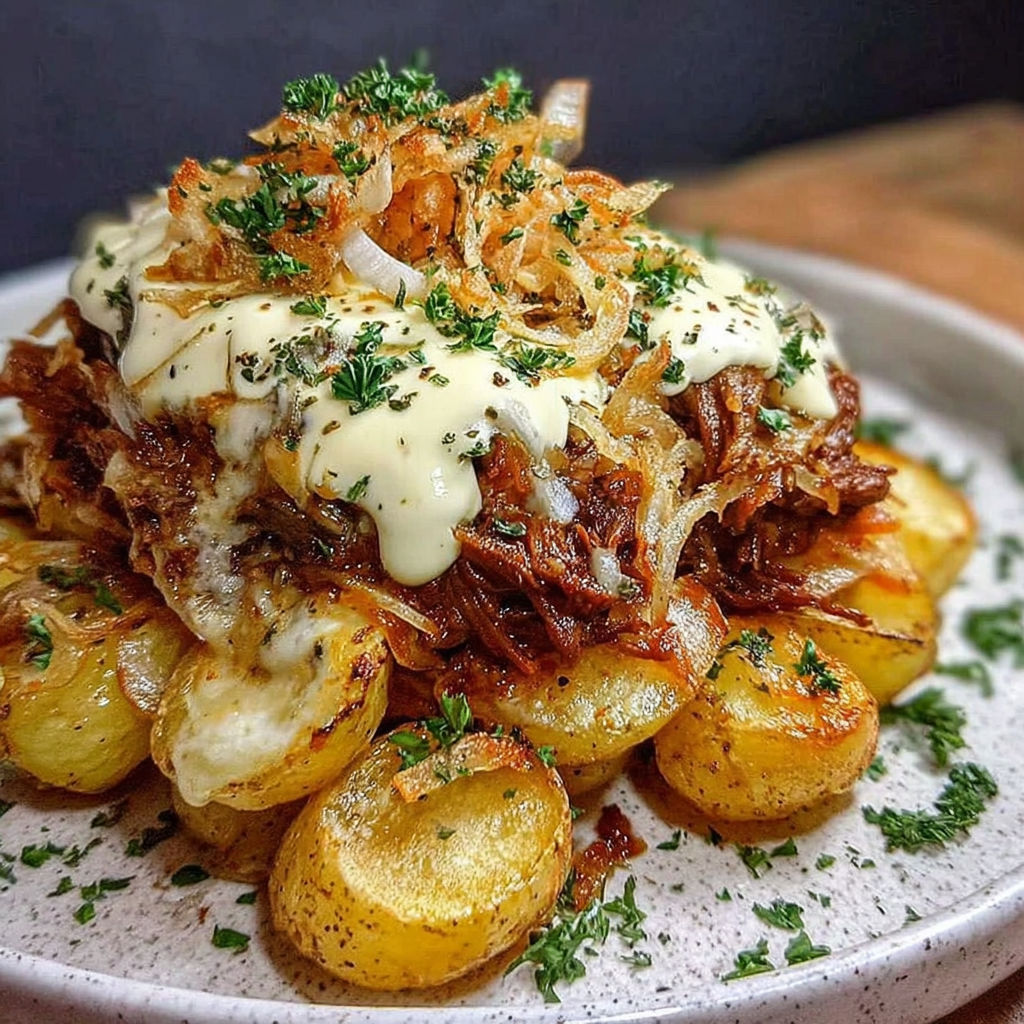A plate of food with a gyro on top.